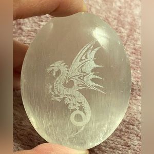 Satin Spar palm stone with dragon etching